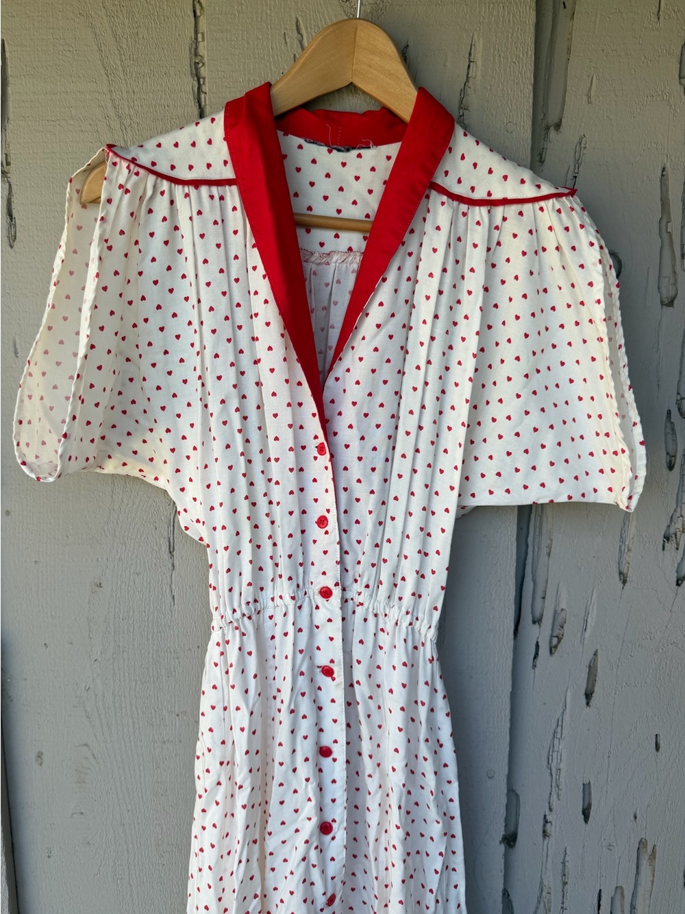Vintage White Dress with All Over Red Heart Polka Dots and Red Trim